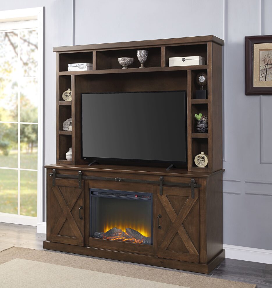 Walnut finish entertainment center with fireplace by Acme