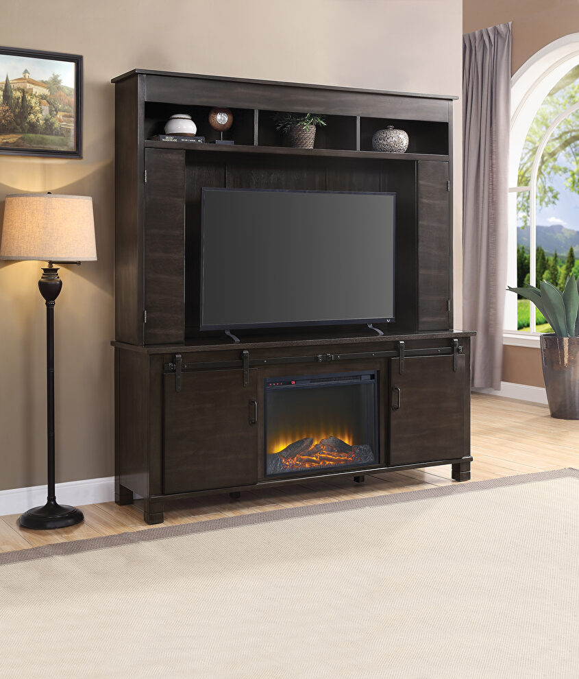 Espresso wooden case-frame entertainment with led electric fireplace by Acme
