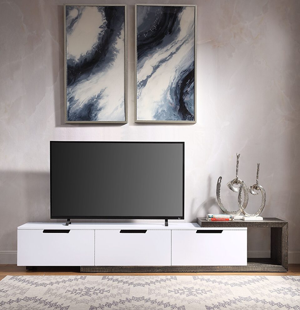 White high gloss & rustic oak finish tv stand by Acme
