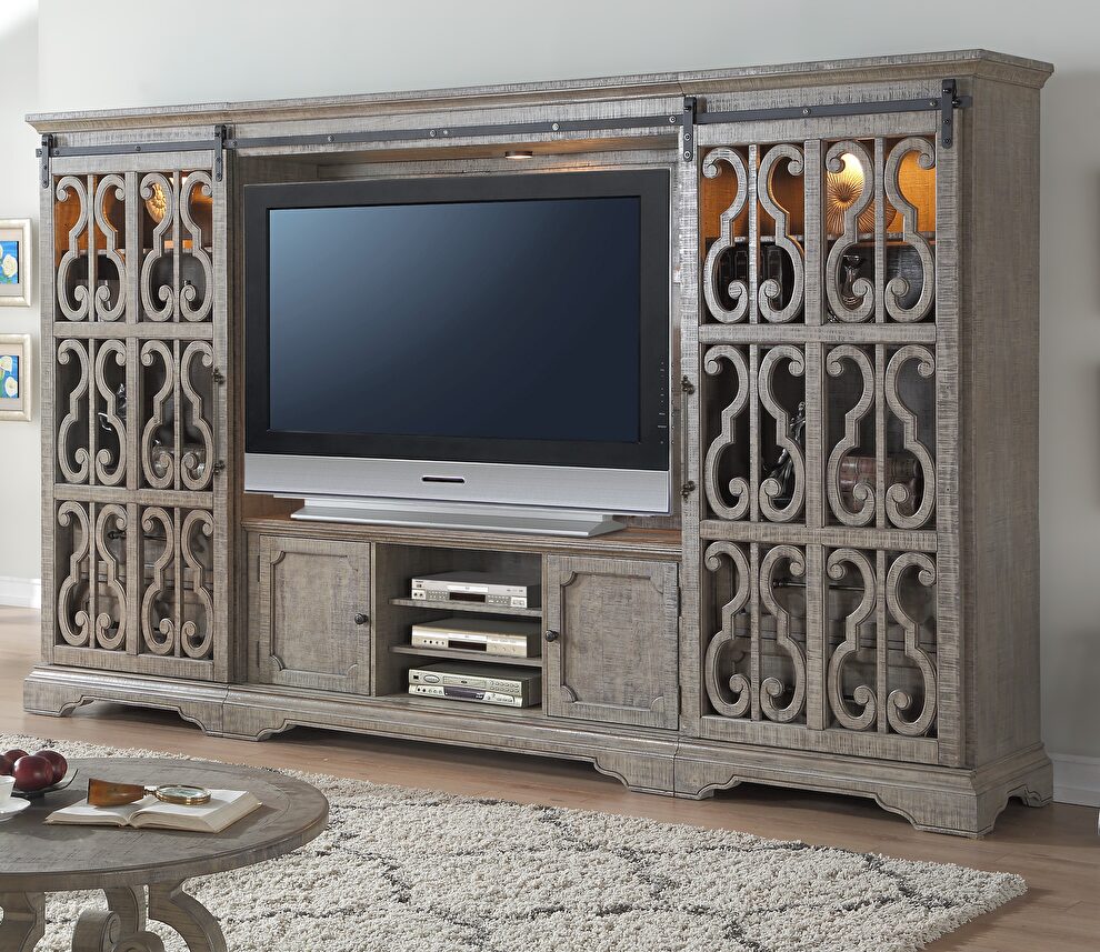 Salvaged natural finish entertainment center set by Acme
