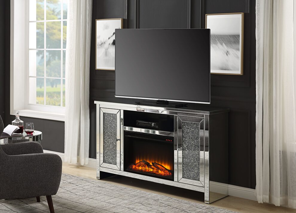 Mirrored & faux diamonds tv stand with fireplace by Acme