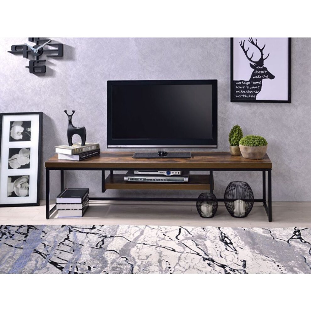 Weathered oak finish black metal TV stand by Acme