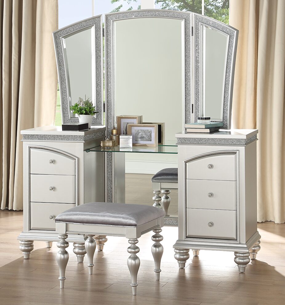 Fabric & platinum finish vanity desk, stool & mirror by Acme