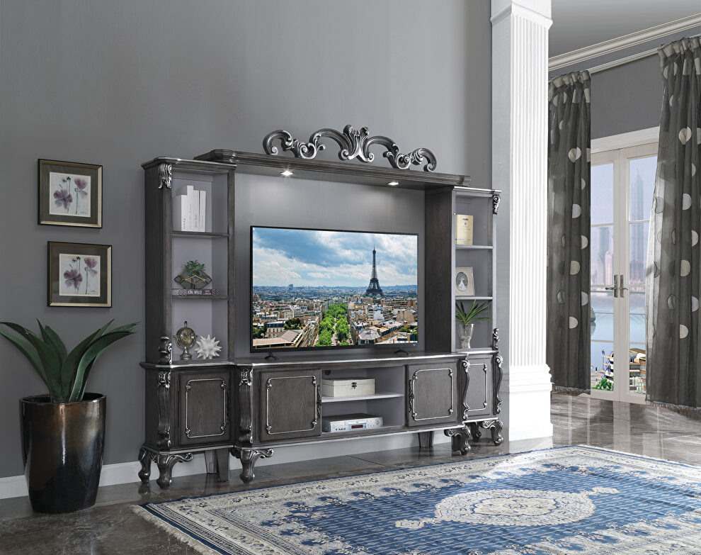 Charcoal finish w/ silver trim accent ornamental curves entertainment center by Acme