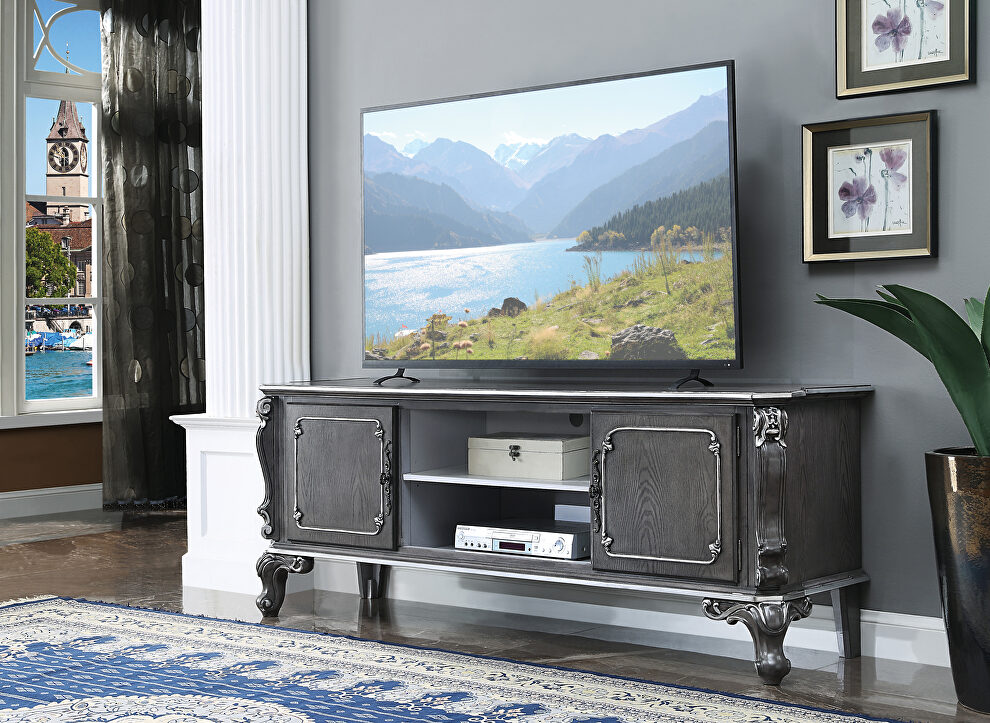 Charcoal finish w/ silver trim accent ornamental curves TV stand by Acme