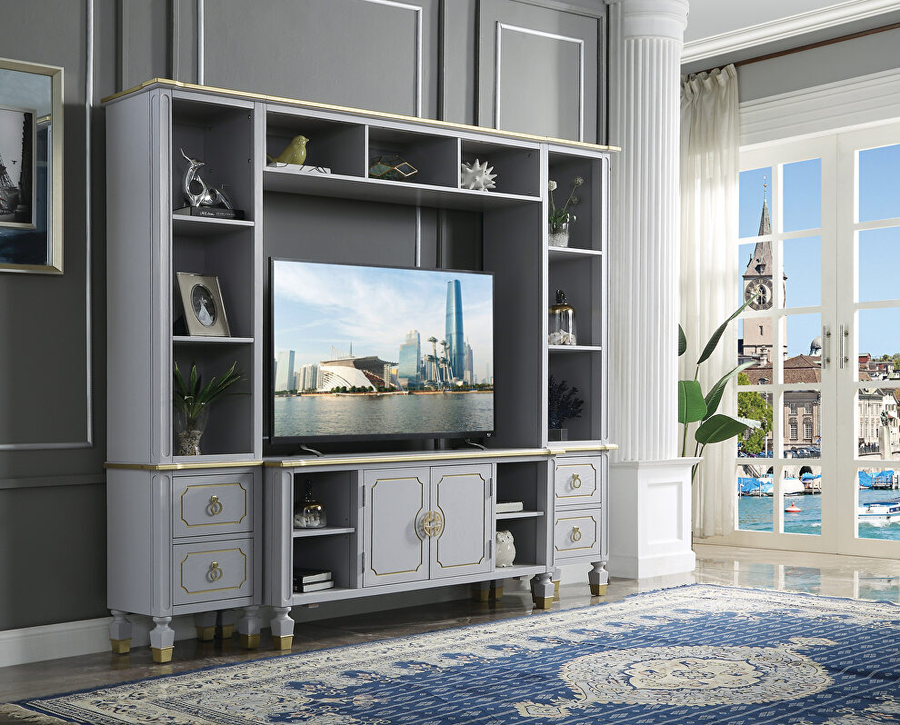 Pearl gray finish and gold trim accent entertainment center by Acme