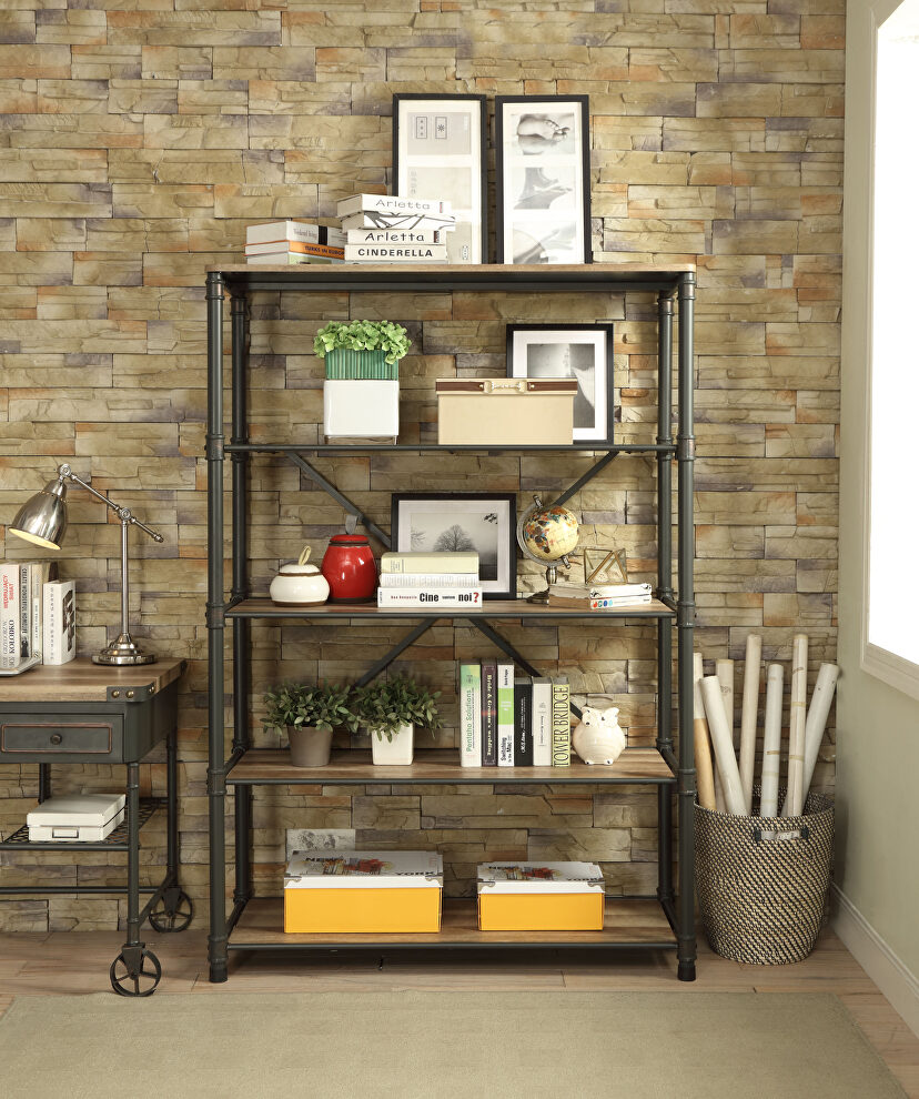 Antique oak finish & sandy gray metal bookshelf by Acme