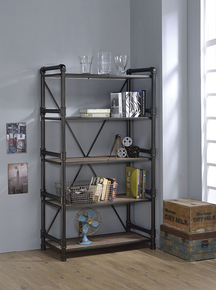Rustic oak finish & black metal bookshelf by Acme