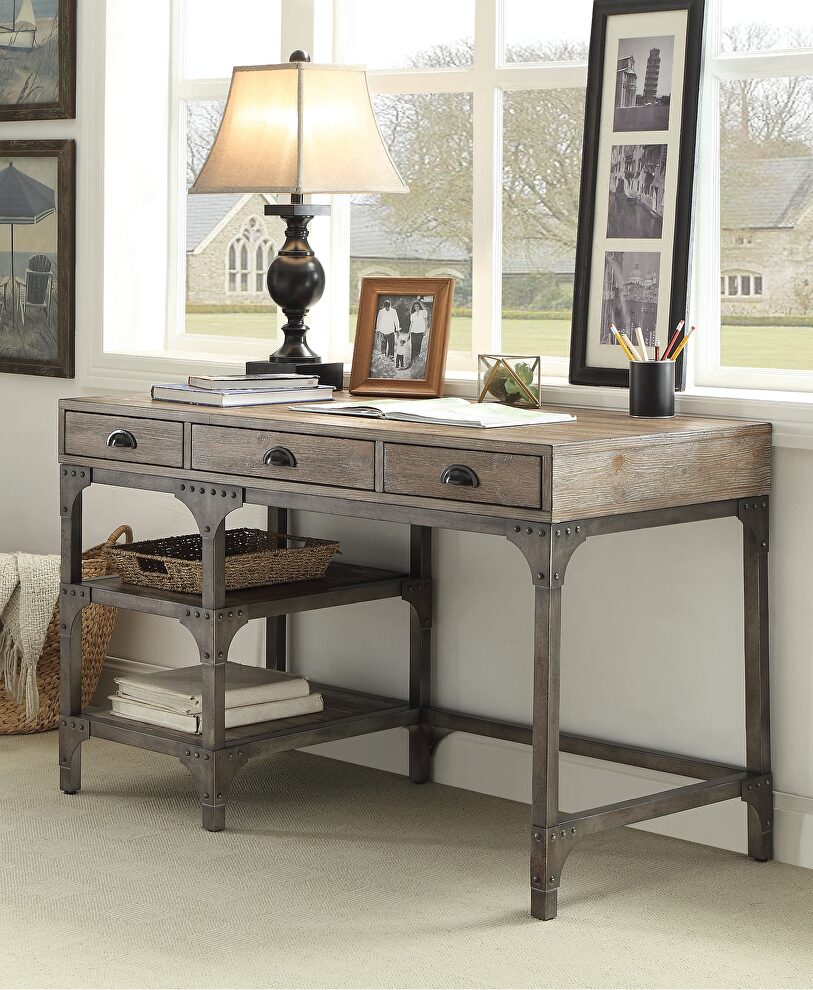 Weathered oak finish & antique silver metal desk by Acme