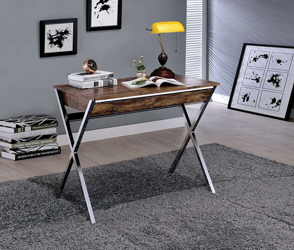 Weathered oak finished wood/ chrome x legs desk by Acme