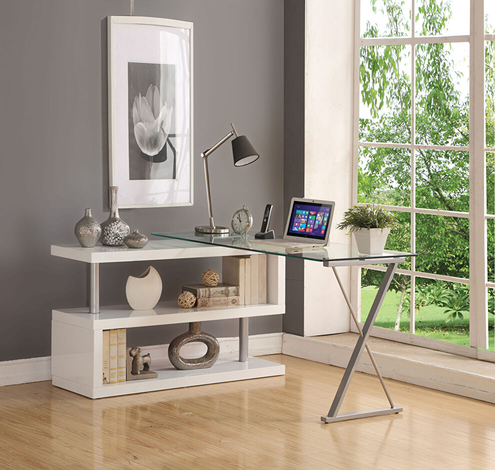 White high gloss & clear glass desk w/swivel by Acme
