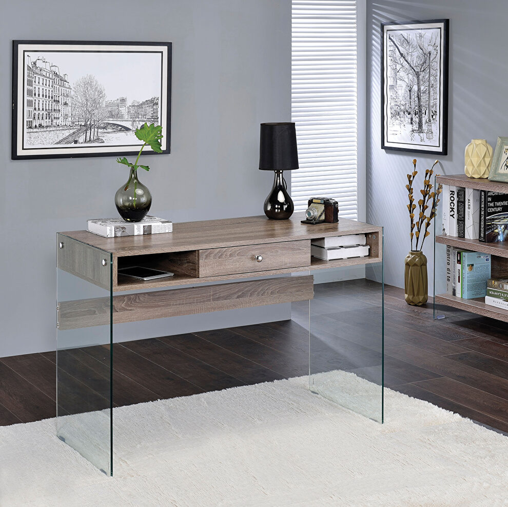 Gray oak top and clear tempered glass base desk by Acme