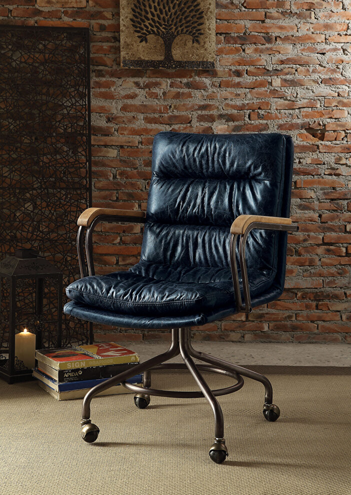 Vintage blue top grain leather executive office chair by Acme