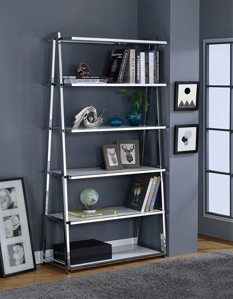 White high gloss & chrome finish bookshelf by Acme