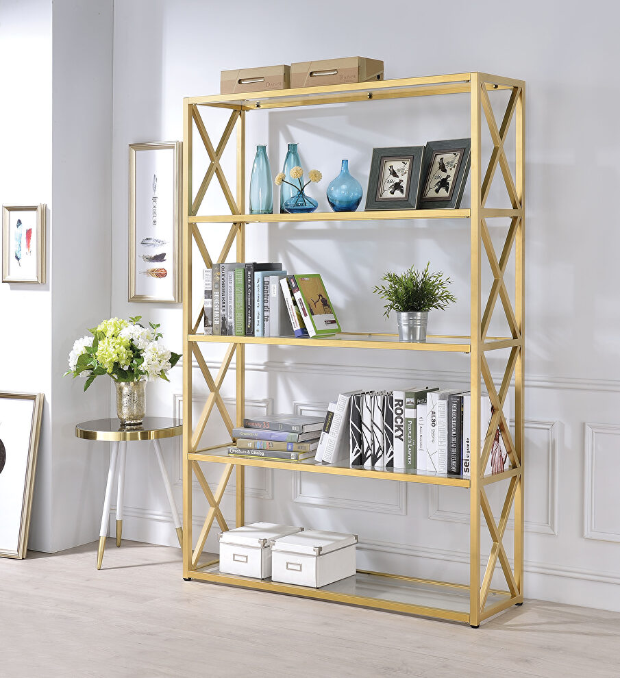 Gold & clear glass bookshelf by Acme