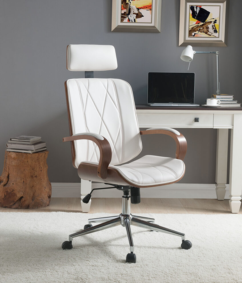 White pu & walnut office chair by Acme