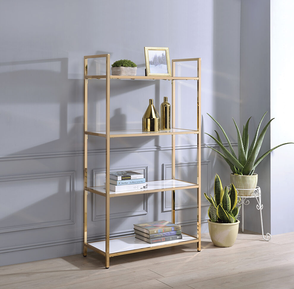White high gloss & gold bookcase by Acme