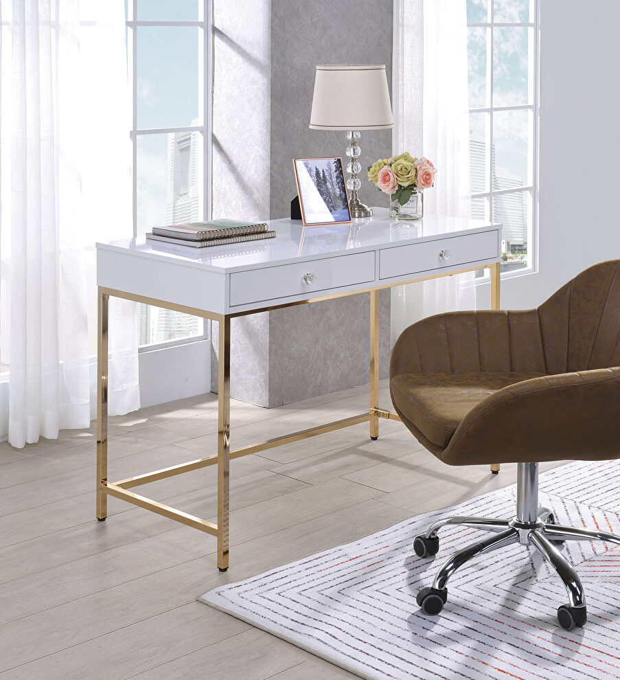 White high gloss & gold desk by Acme