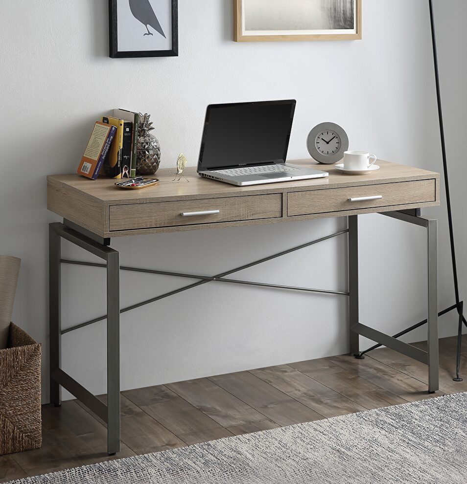 Natural finish & nickel silver metal desk by Acme