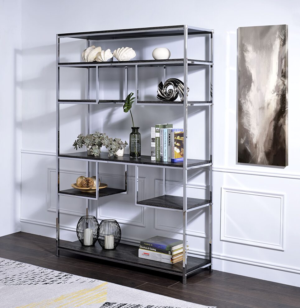 Rustic gray oak & chrome finish bookshelf by Acme