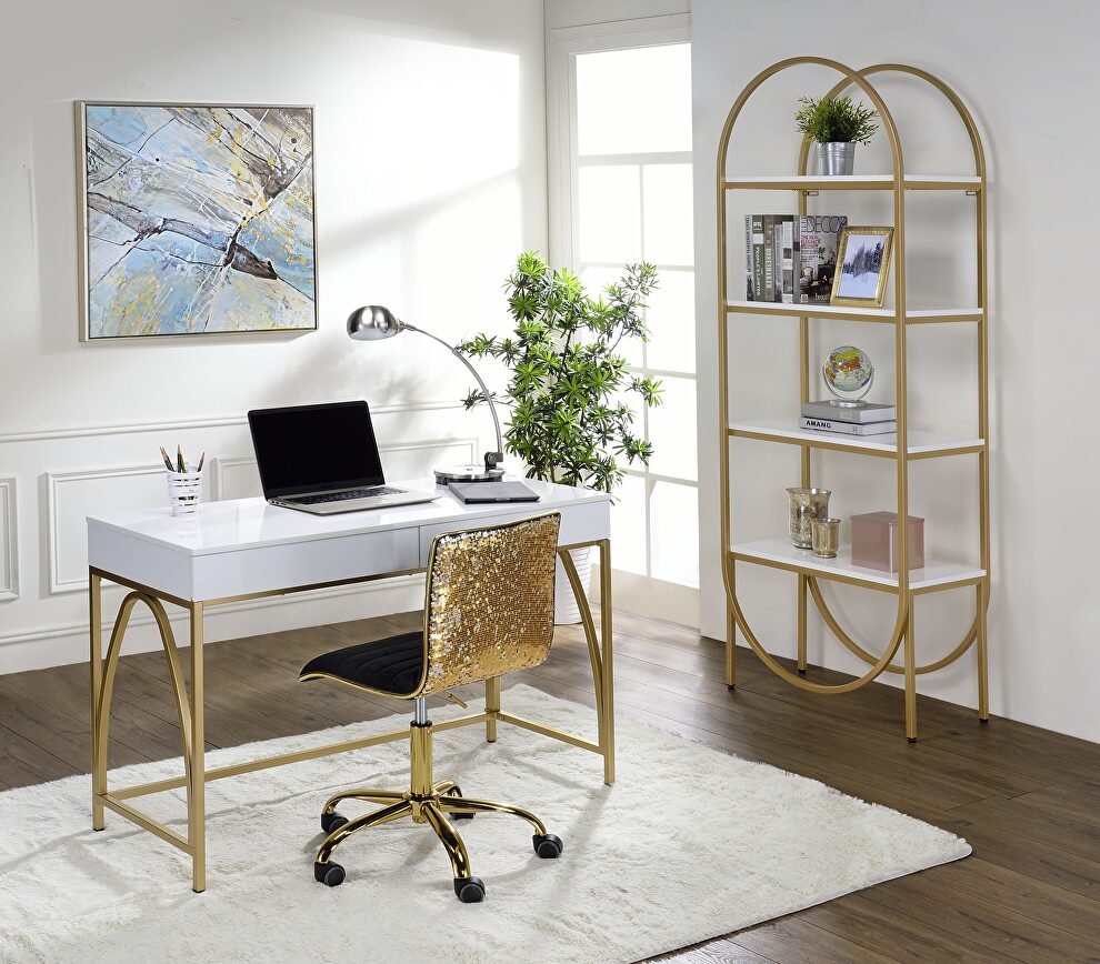 White high gloss & gold desk by Acme