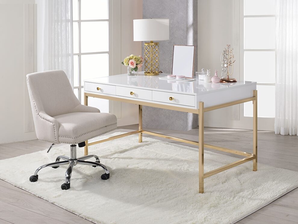 White high gloss & gold legs desk in contemporary style by Acme