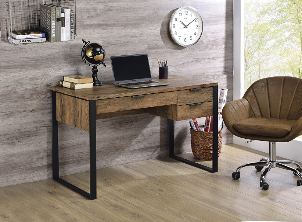 Weathered oak wooden top and black-finished metal base writing desk by Acme