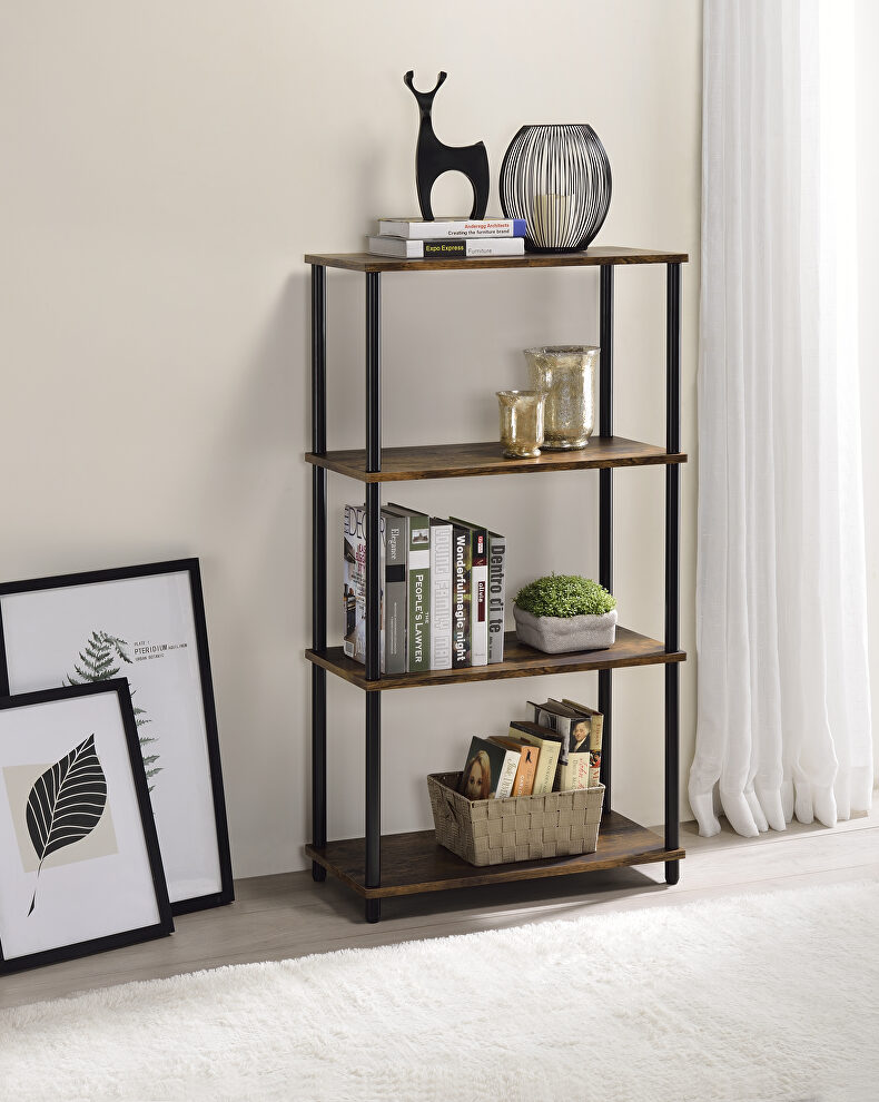 Rustic wooden shelves and black-finished metal frame bookshelf by Acme