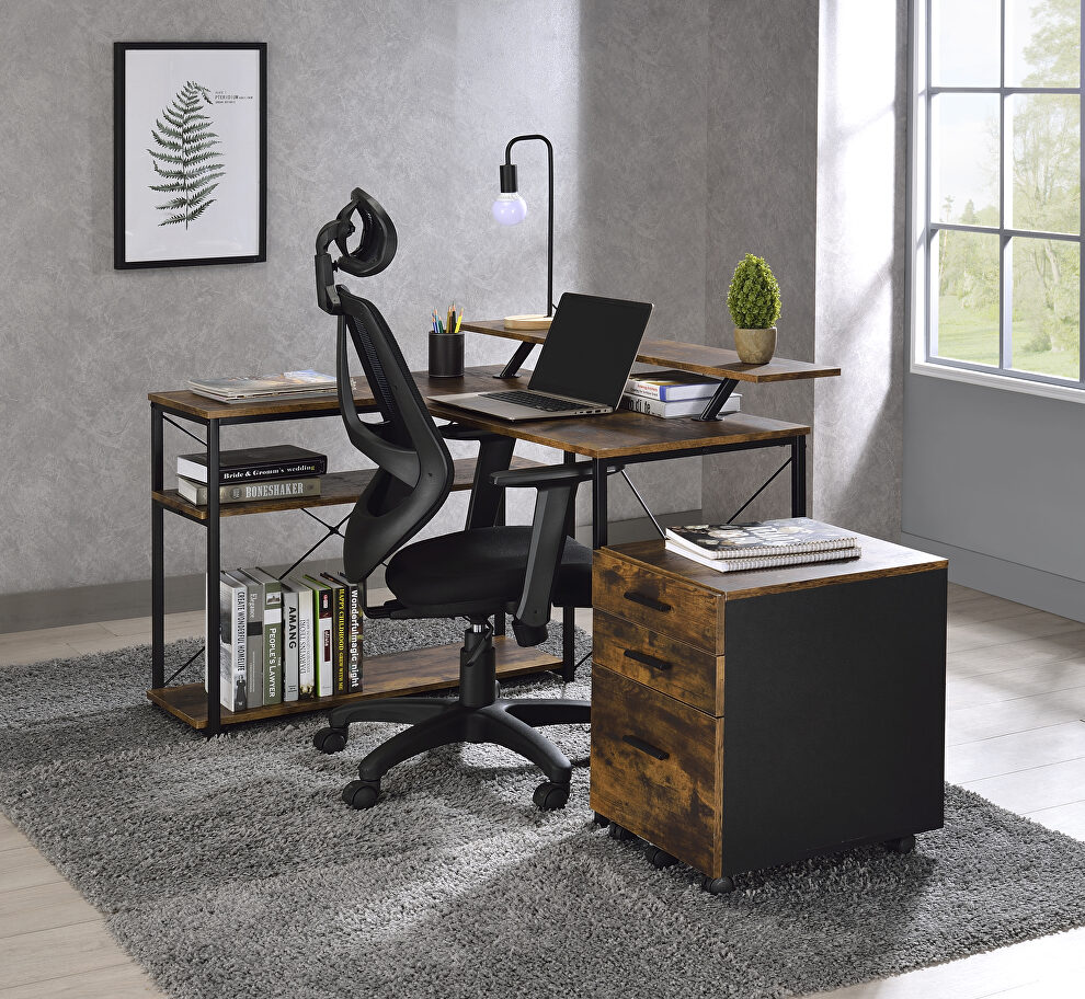 Weathered oak top & black finish metal frame base l-shaped corner desk by Acme