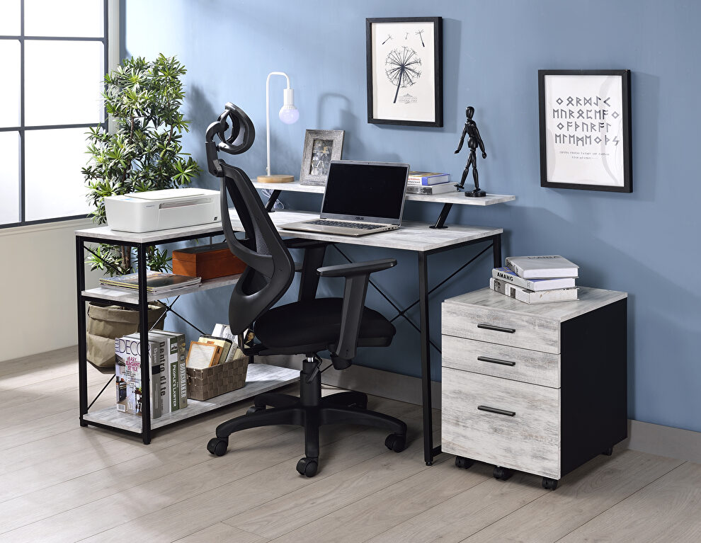 Antique white top & black finish metal frame base l-shaped corner desk by Acme
