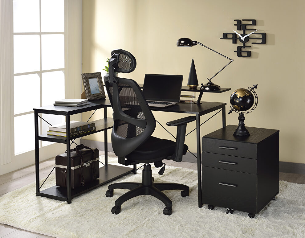 Black finish top & metal frame base l-shaped corner desk by Acme