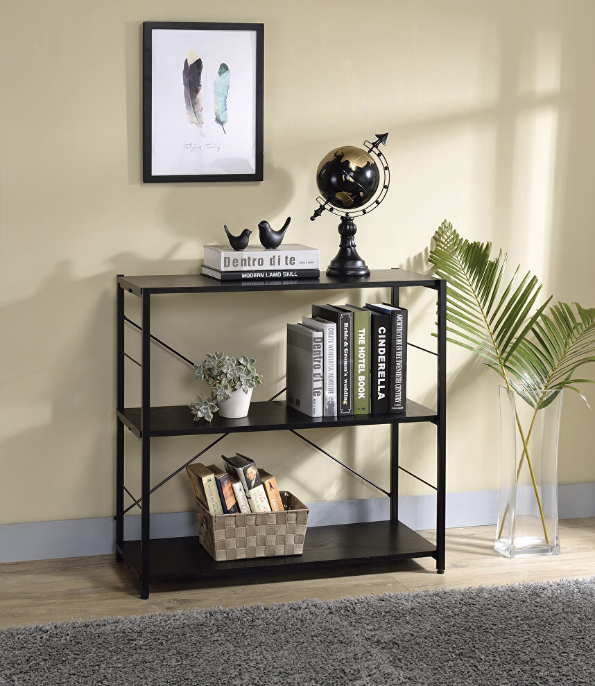 Black finish wooden shelves and open metal frame bookshelf by Acme
