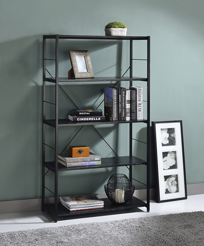 Black finish wood shelves and cool metal frame bookshelf by Acme