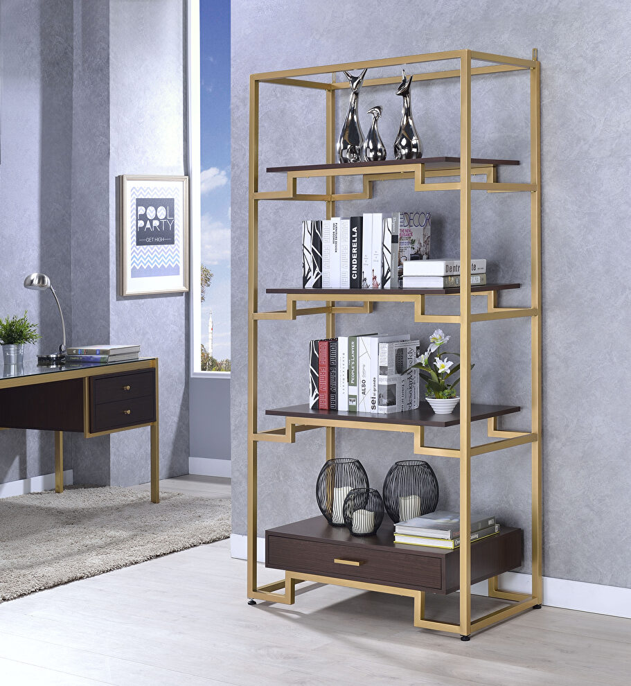 Gold & clear glass bookshelf by Acme
