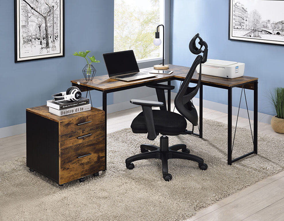 Weathered oak l-shaped wooden top and black finish open sled base writing desk by Acme