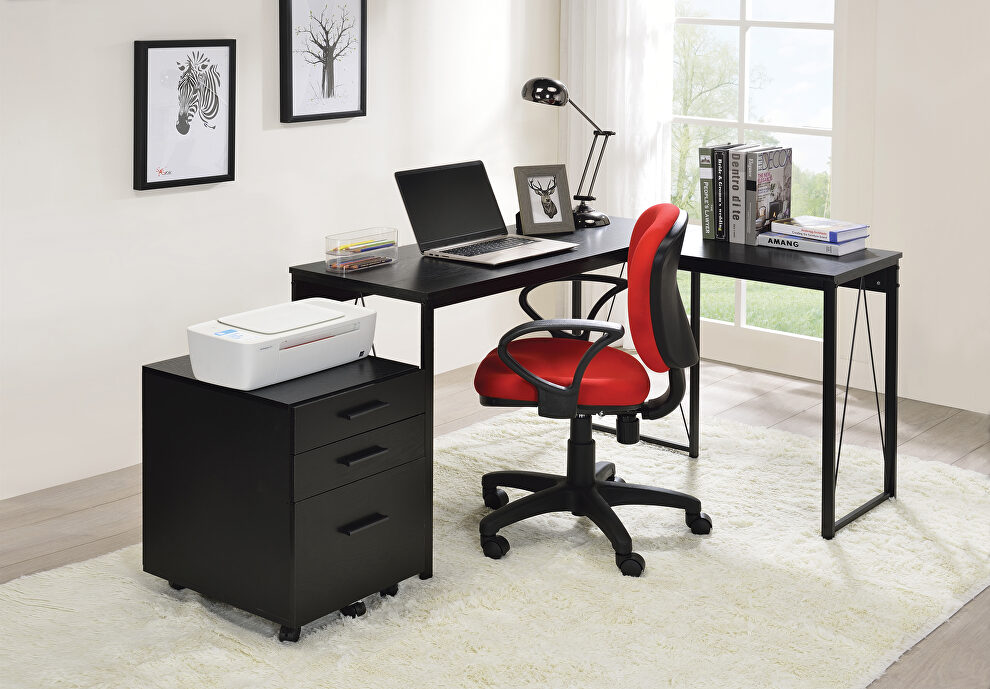 Black finish l-shaped wooden top and open sled base writing desk by Acme