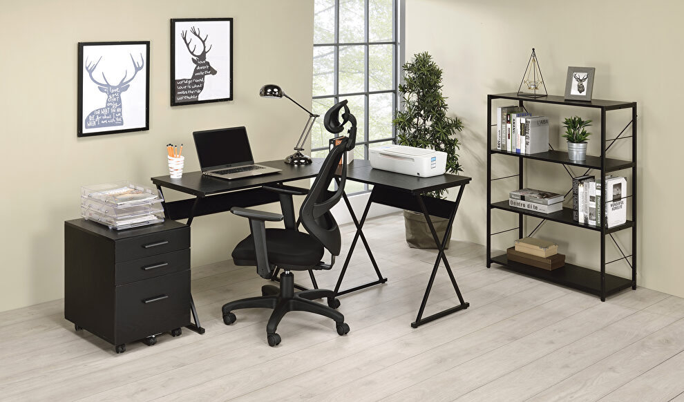 Black finish modern l-shaped top round corner design writing desk by Acme