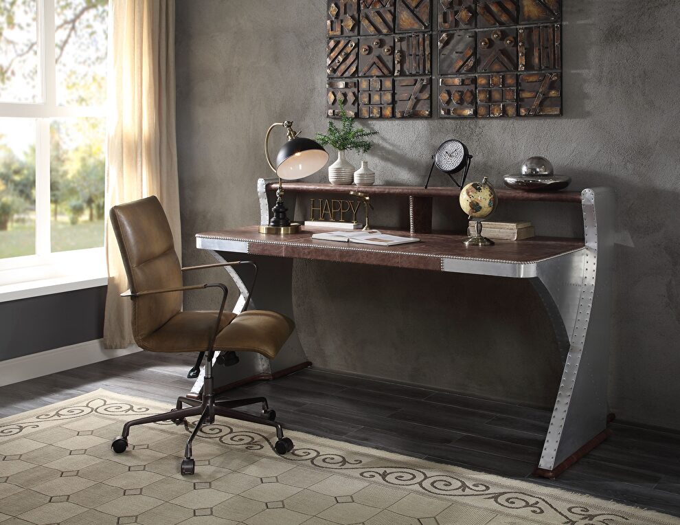 Retro brown top grain leather & aluminum desk by Acme