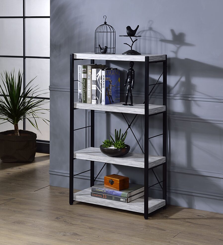 Antique white finish & black metal bookcase by Acme