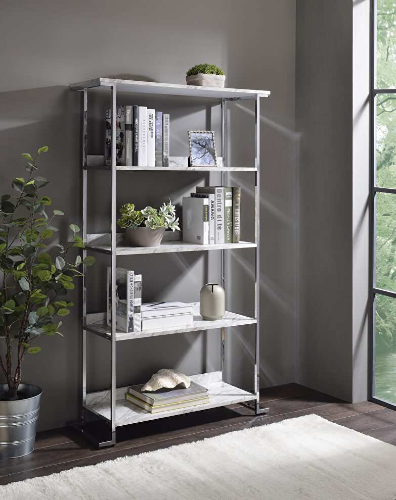 White printed faux marble & chrome base five-tier bookshelf by Acme