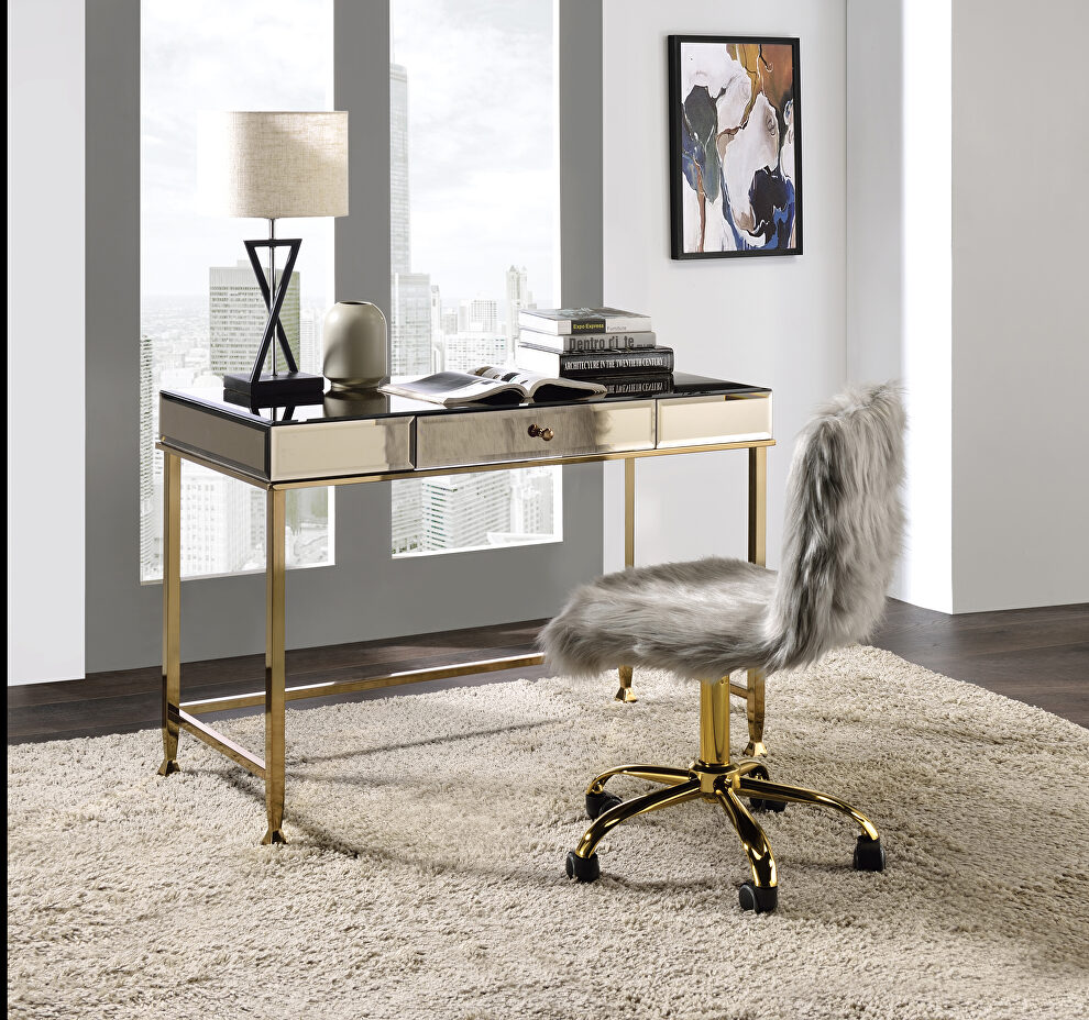 Smoky mirrored top and champagne finish writing desk by Acme