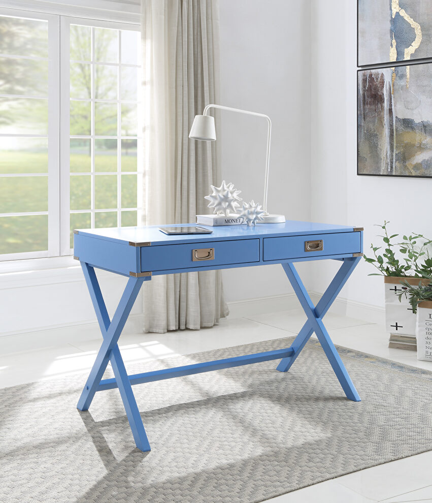 Blue finish rectangular top and x-base writing desk by Acme