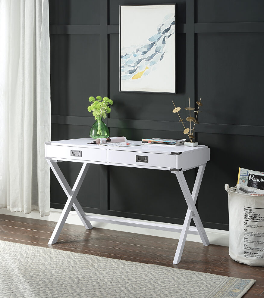 White finish rectangular top and x-base writing desk by Acme