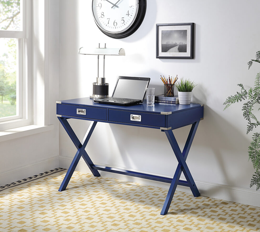 Navy blue finish rectangular top and x-base writing desk by Acme