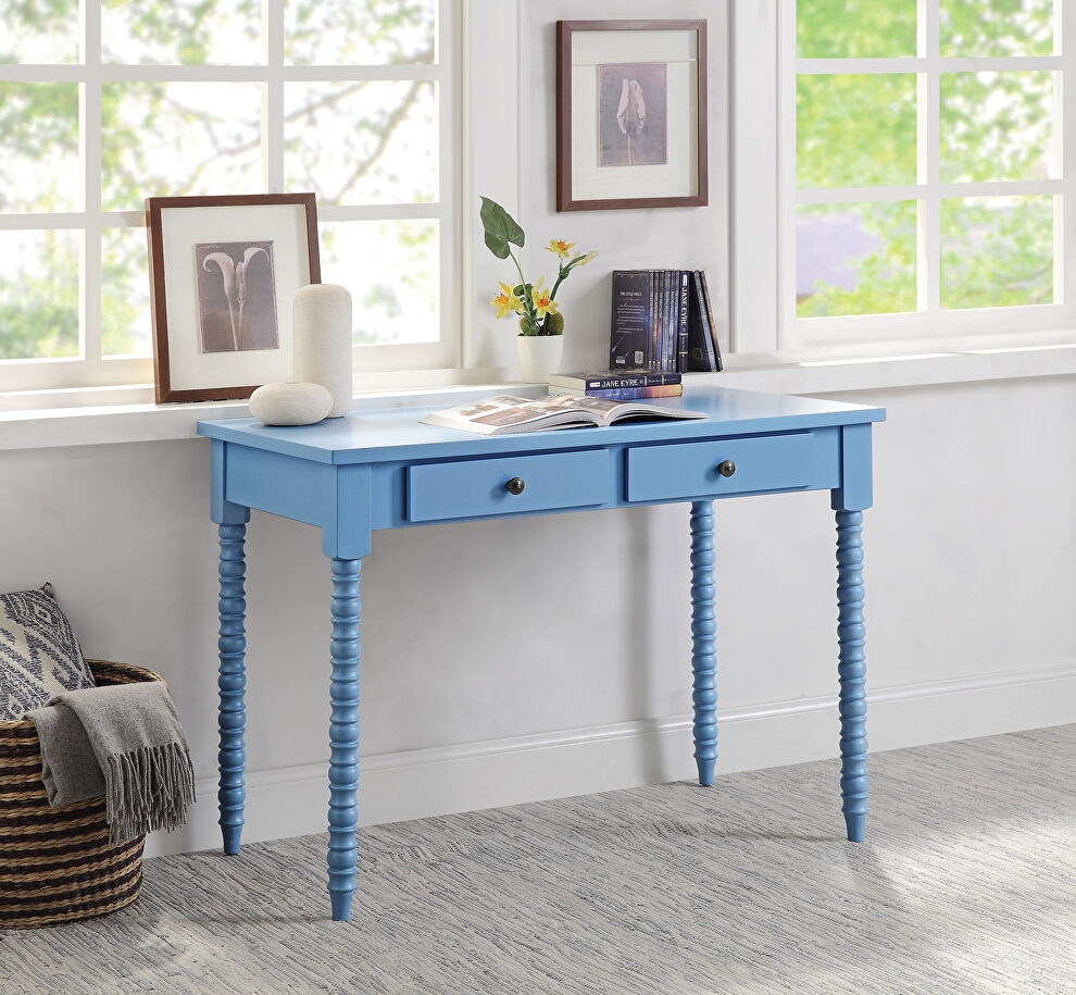 Blue finish wooden frame with ornate carvings writing desk by Acme