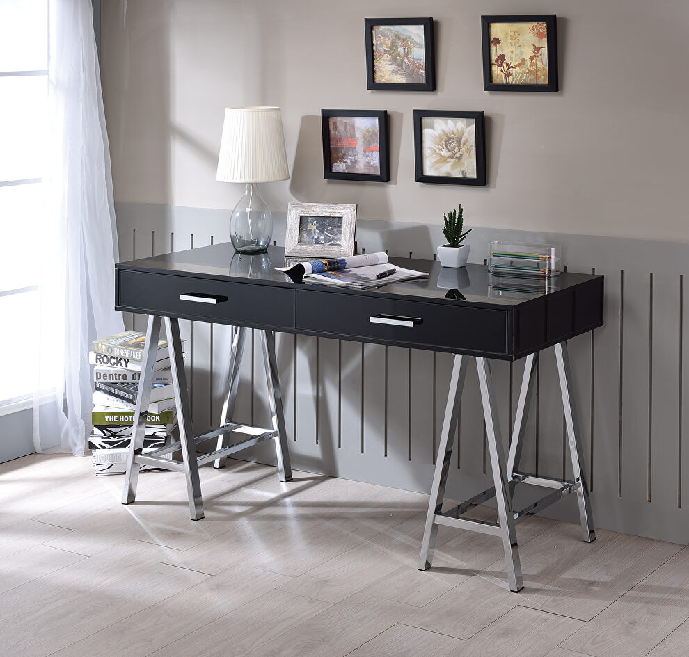 Black high gloss top & chrome finish base desk w/ built-in usb port by Acme