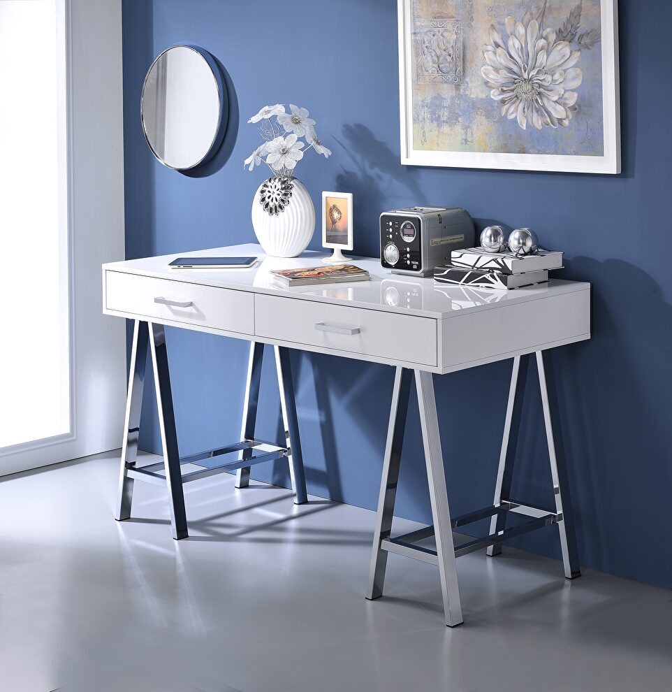 White high gloss top & chrome finish base desk w/ built-in usb port by Acme
