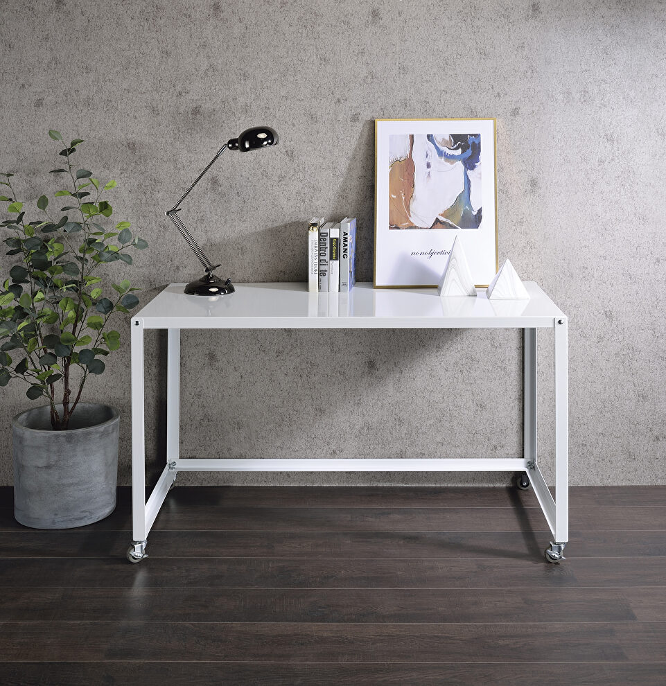 White finish top and metal frame writing desk by Acme