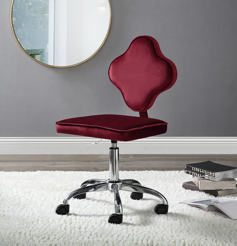 Red velvet upholstery/ clover leaf shaped back office chair by Acme
