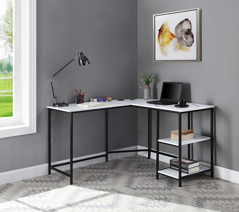 White printed faux marble & black finish desk w/ usb ports by Acme